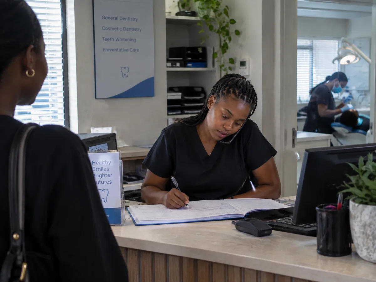 Dental practice receptionist writing in the appointment book while on the phone, with a treatment room behind her