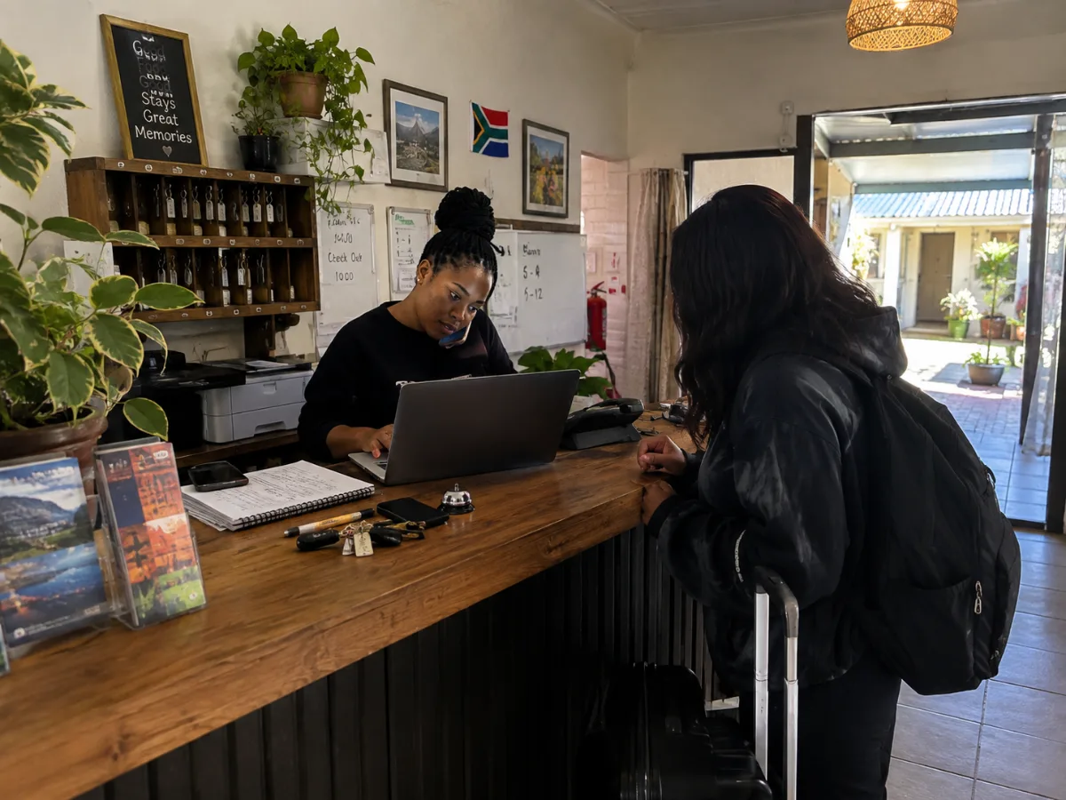 Guesthouse owner checking a guest in at the front desk while holding a phone to her ear