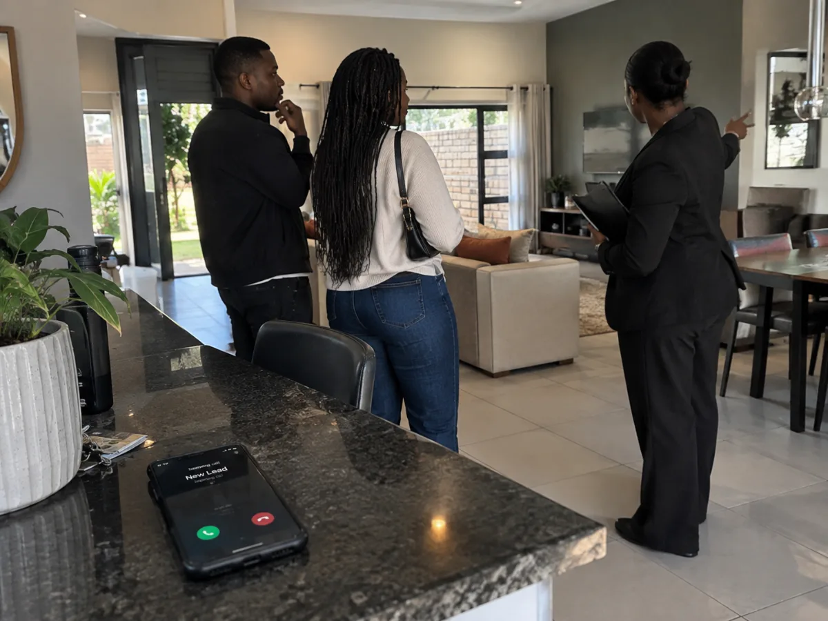 Estate agent showing a couple through a house while a new lead calls the phone left on the counter