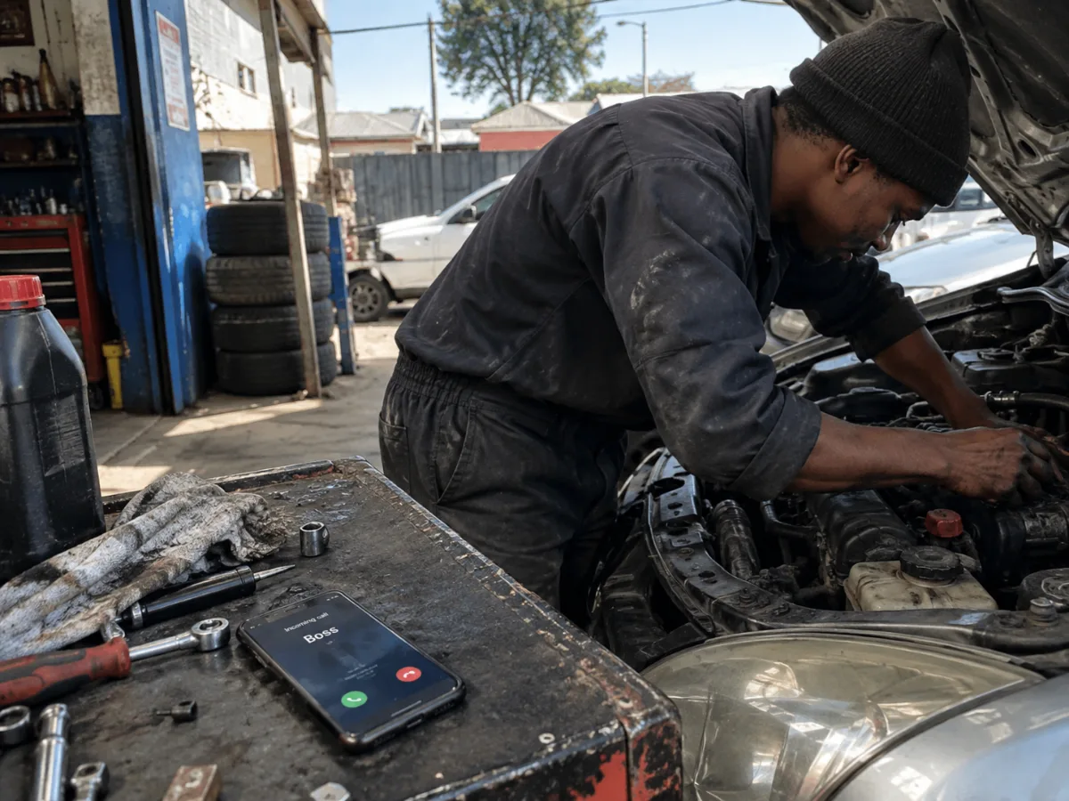 Mechanic working under a bonnet while a phone rings unanswered on the workbench beside him